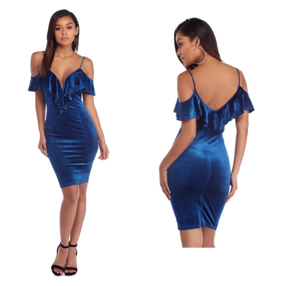 TEAL RUFFLE OUT LOUD VELVET DRESS